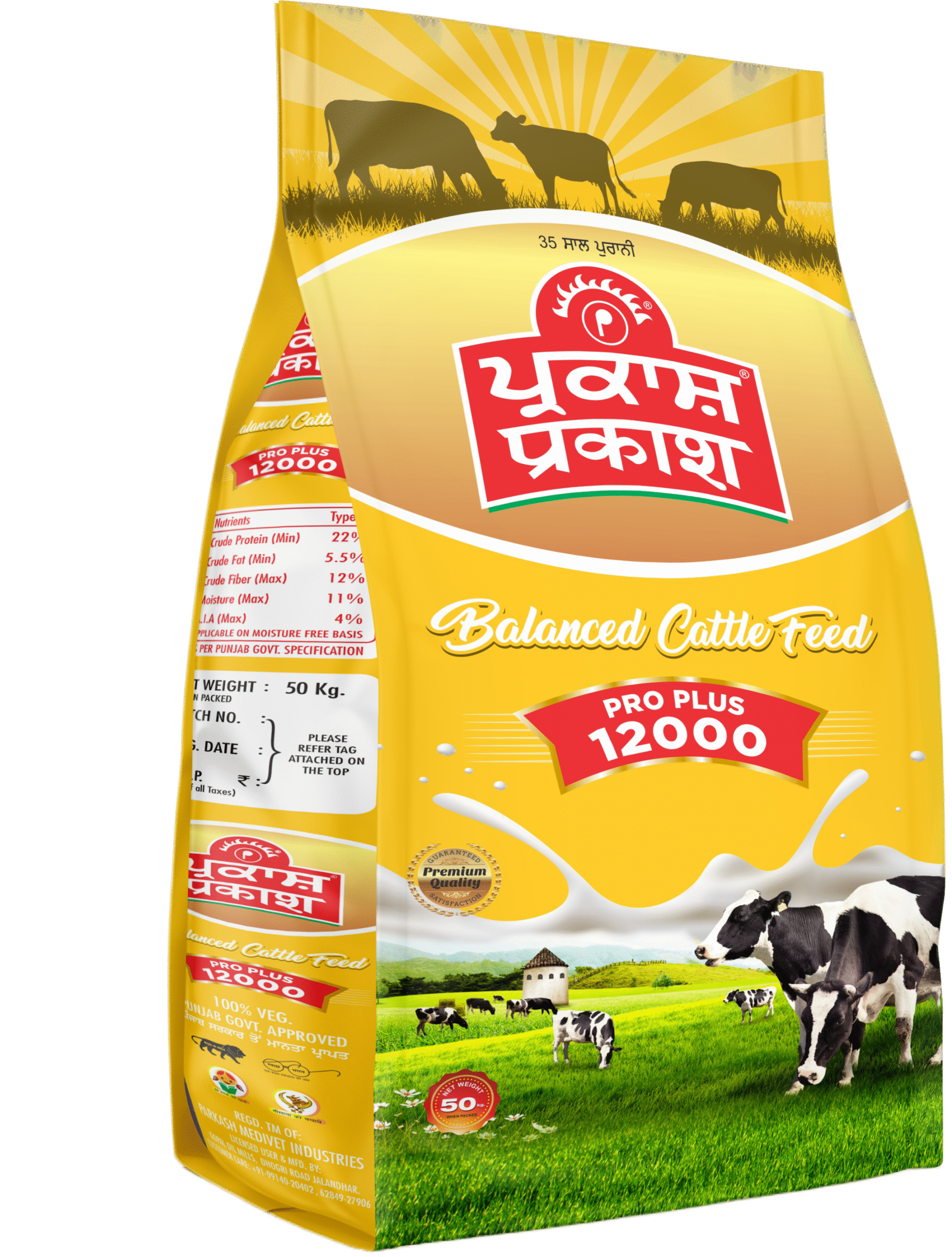 Parkash Gold Plus-12000 is a high-energy feed for cows producing over 30 liters of milk. Based on Bypass Technology, this scientific blend of nutrients boosts milk production while helping to prevent common issues like repeat breeding and lameness.